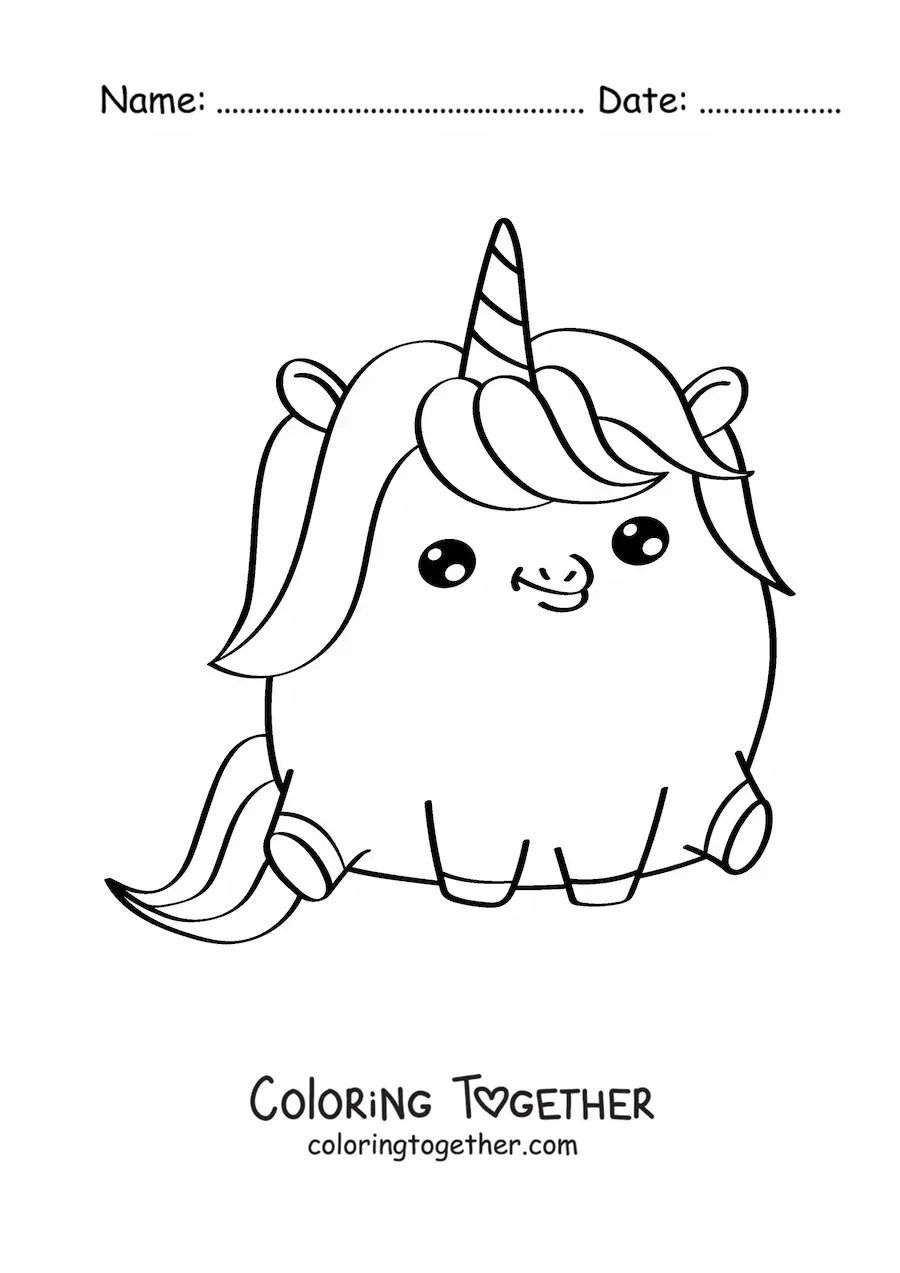 Coloring page of a big, easy kawaii unicorn sitting down