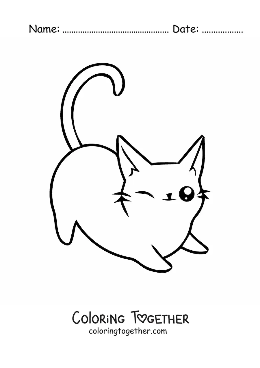 Coloring page of a kawaii cat stretching