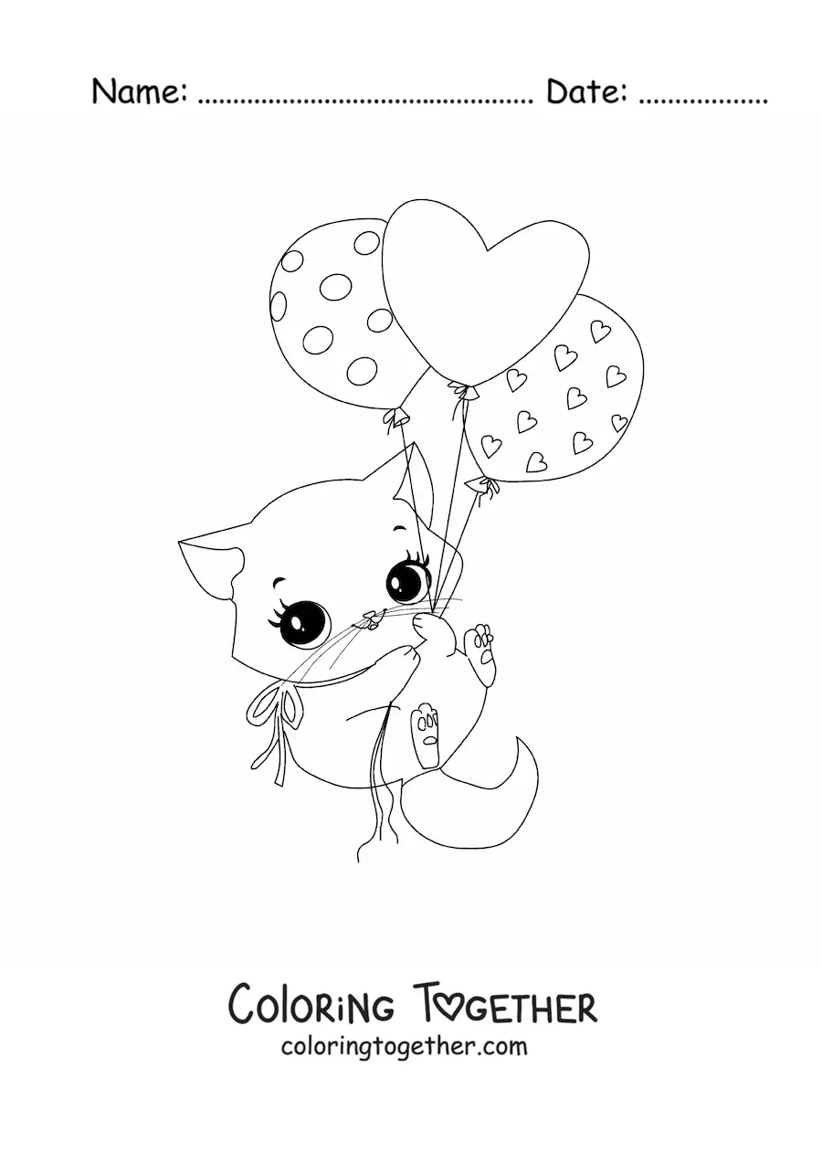 Coloring page of a kawaii cat with heart balloons