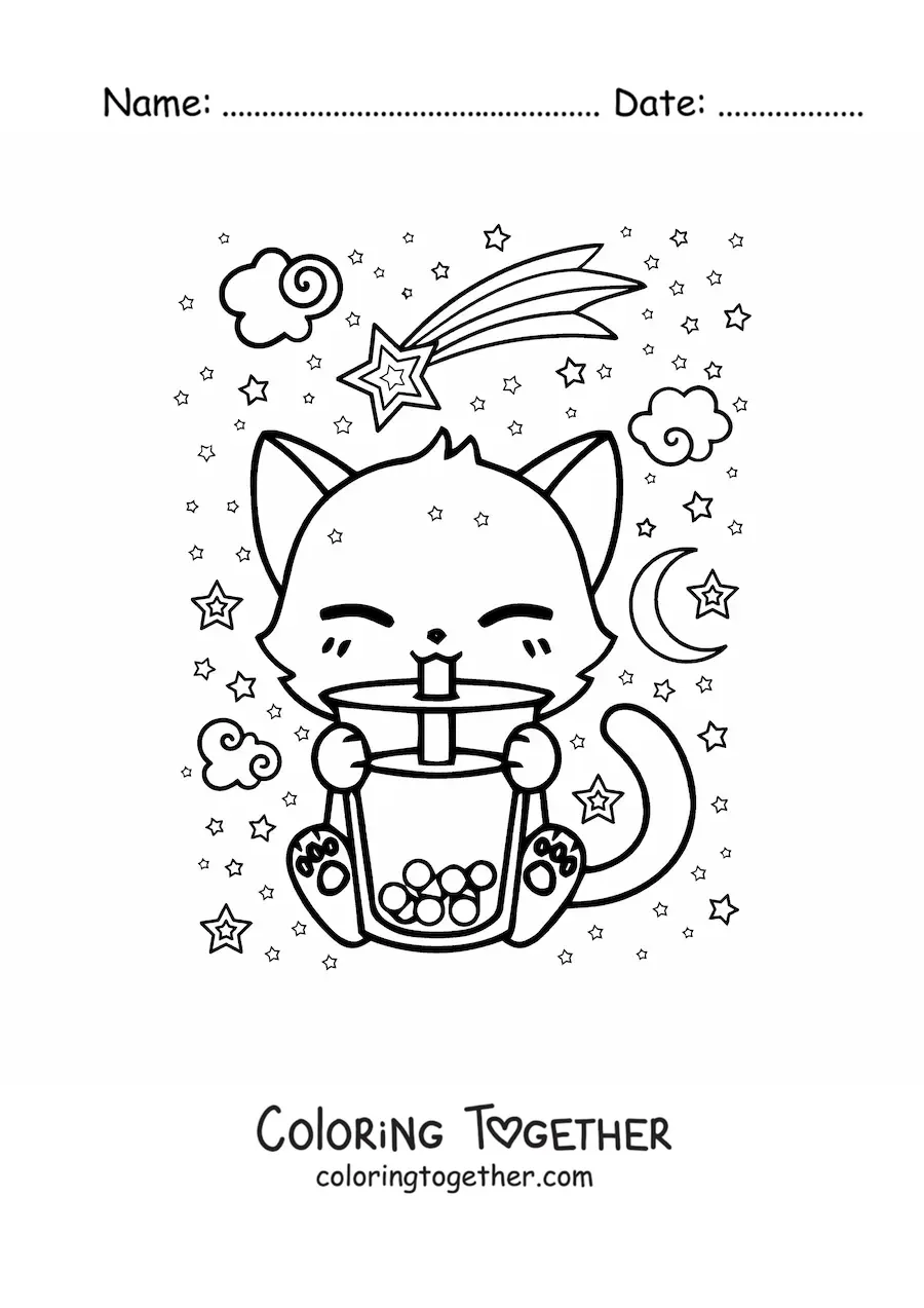 Coloring page of a kawaii cat drinking boba tea