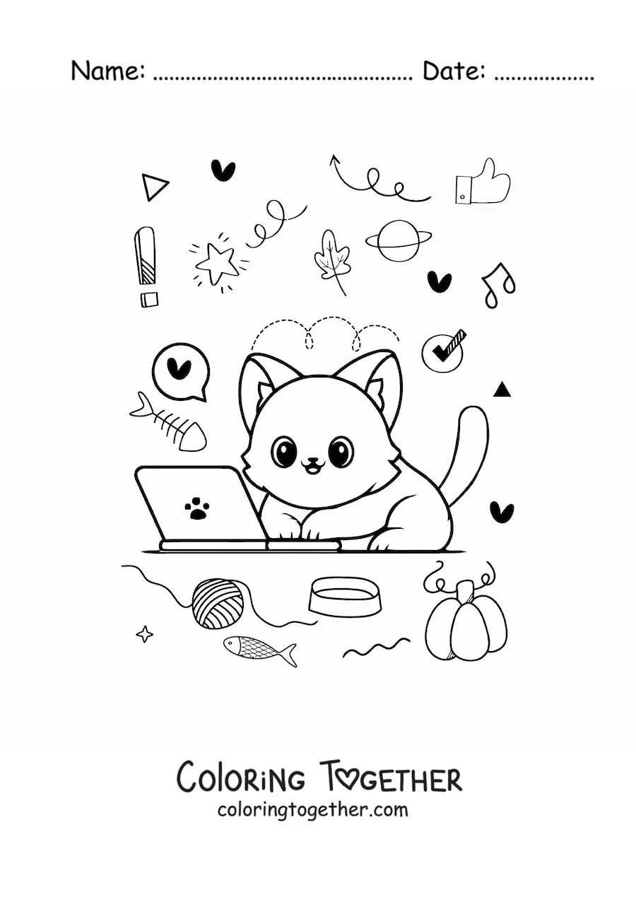 Coloring page of a kawaii cat on a laptop