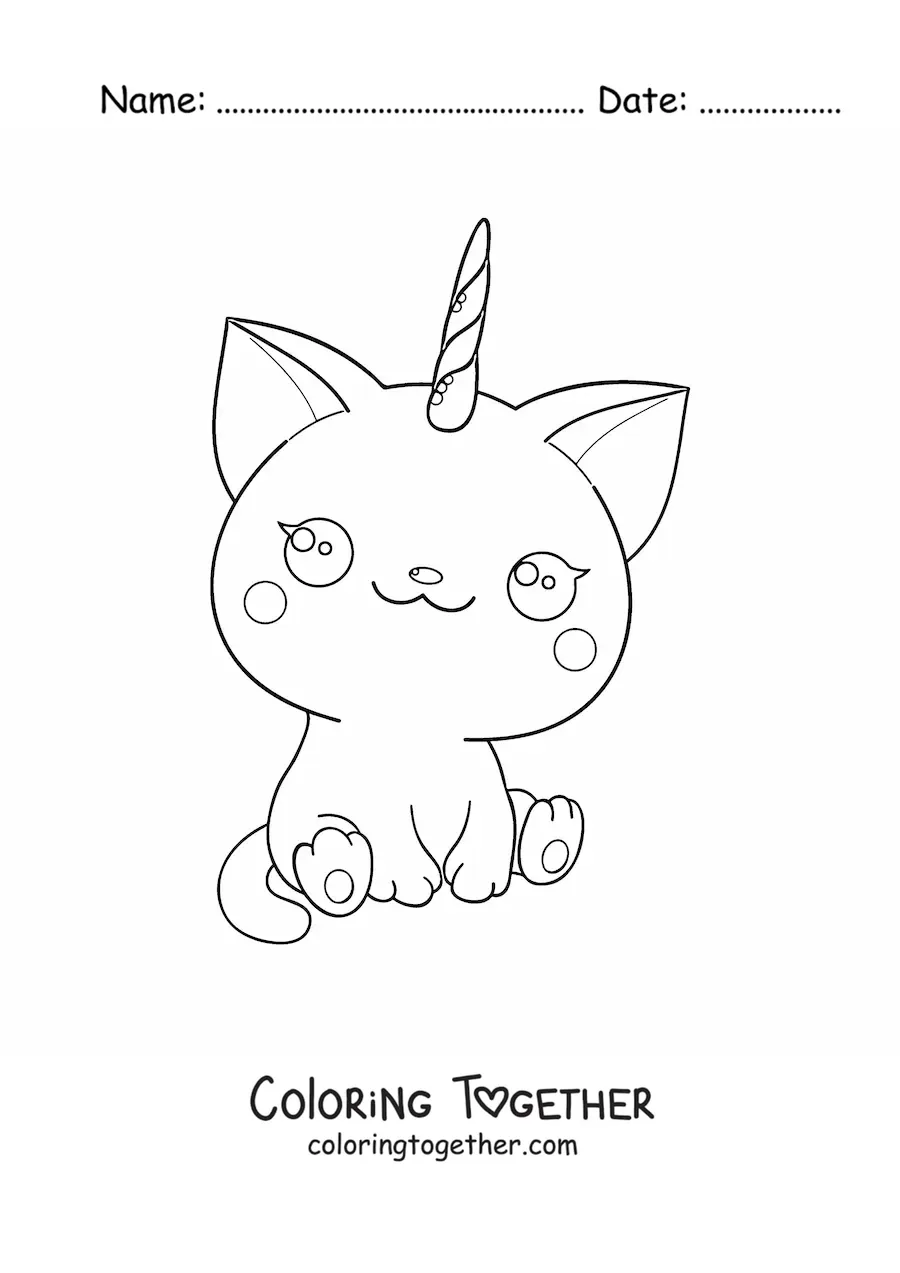 Coloring page of a kawaii caticorn sitting down