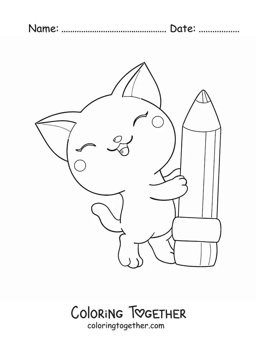 Coloring page of a kawaii cat with a school pencil