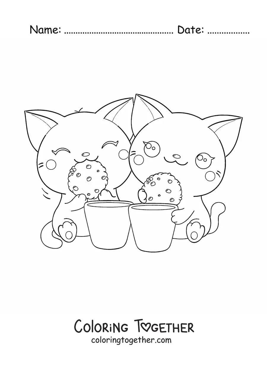 Coloring page of a pair of kawaii cats eating cookies with milk