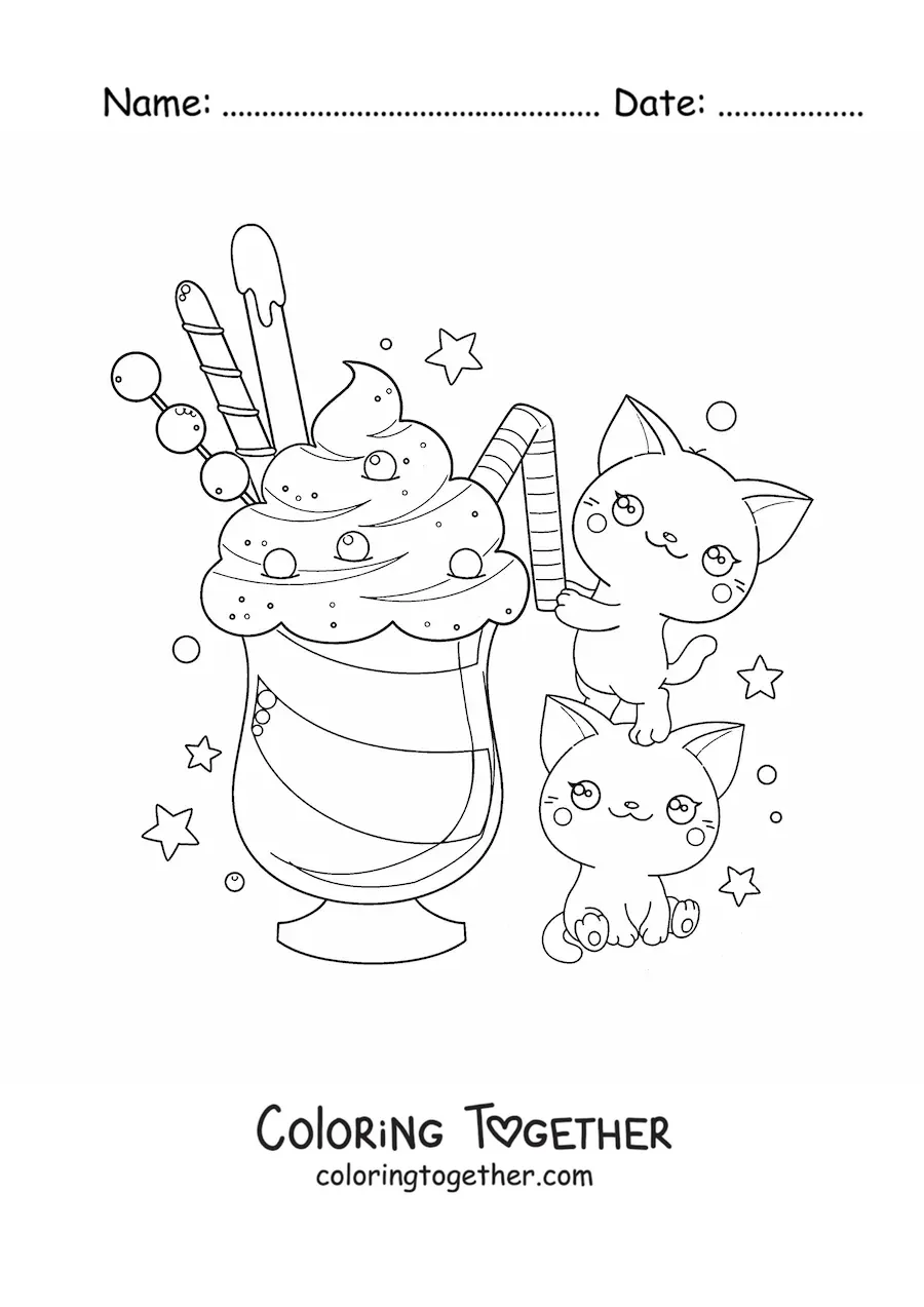 Coloring page of a pair of kawaii cats sharing an ice cream