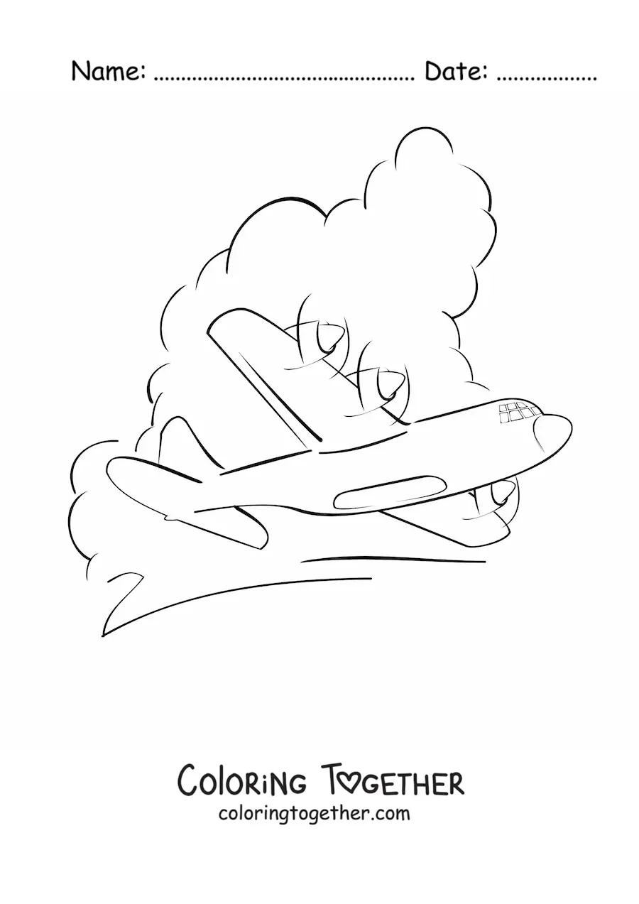 Coloring page of a plane flying with clouds in the background