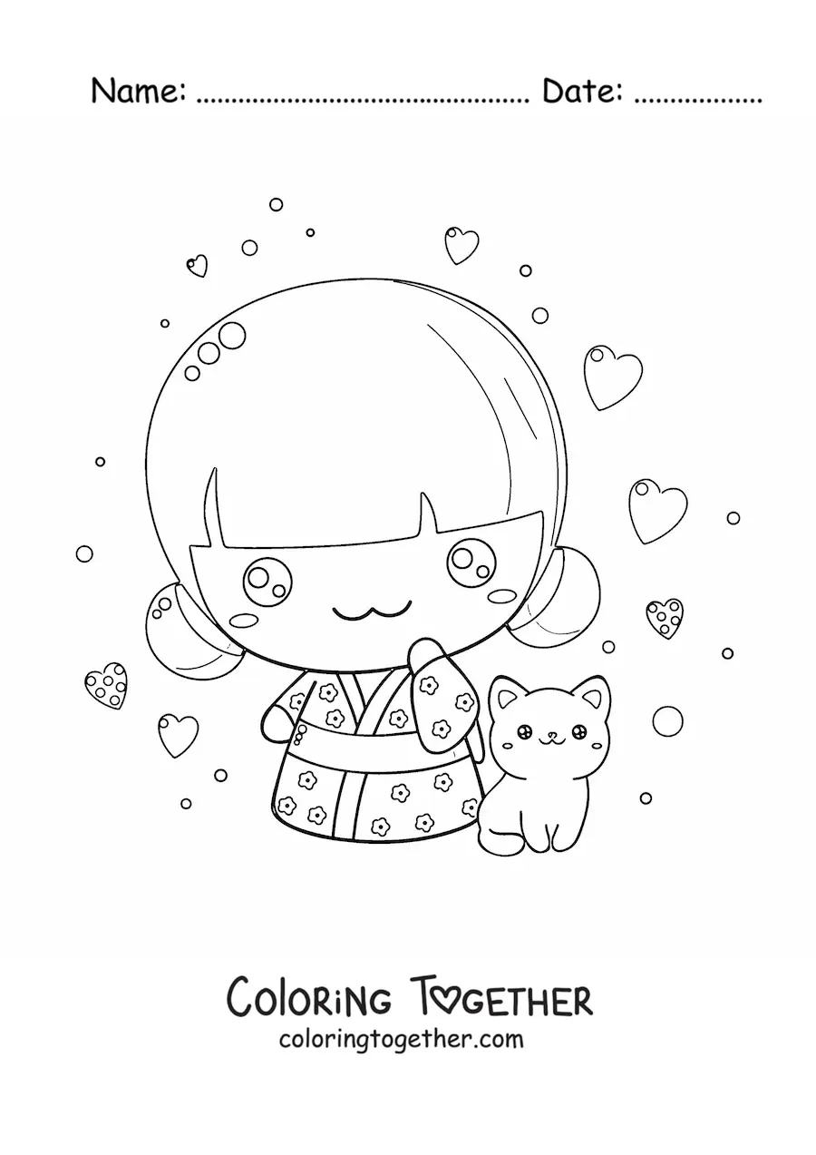 Coloring page of a chibi Japanese girl with a kawaii cat