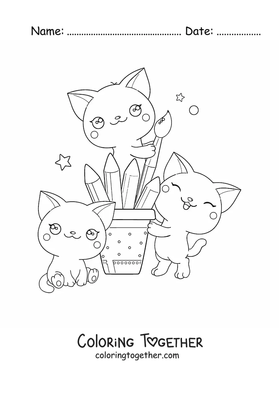 Coloring page of kawaii cats with brushes and drawing supplies