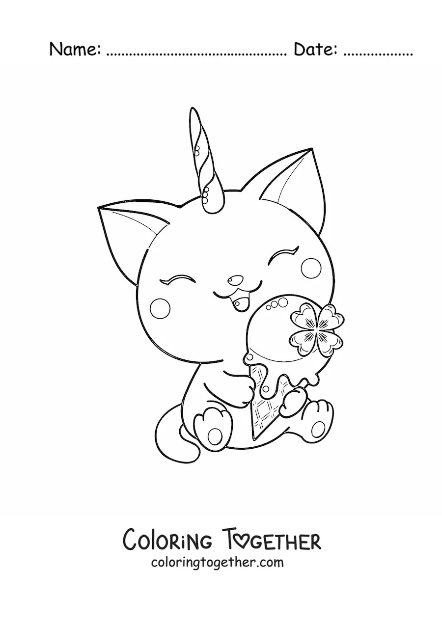 Coloring page of a kawaii caticorn sitting and eating an ice cream