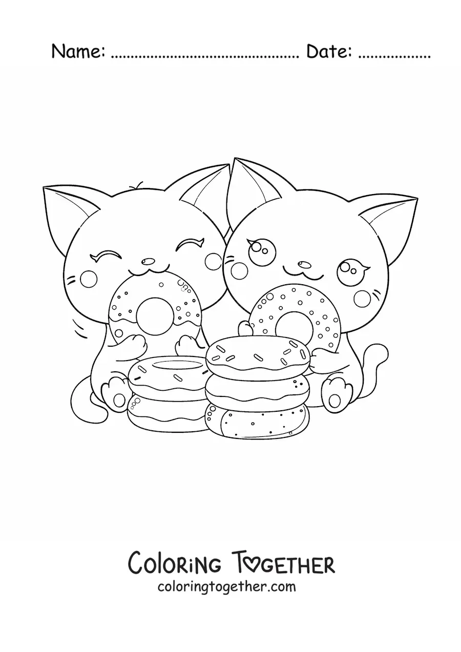 Coloring page of a pair of kawaii cats eating donuts