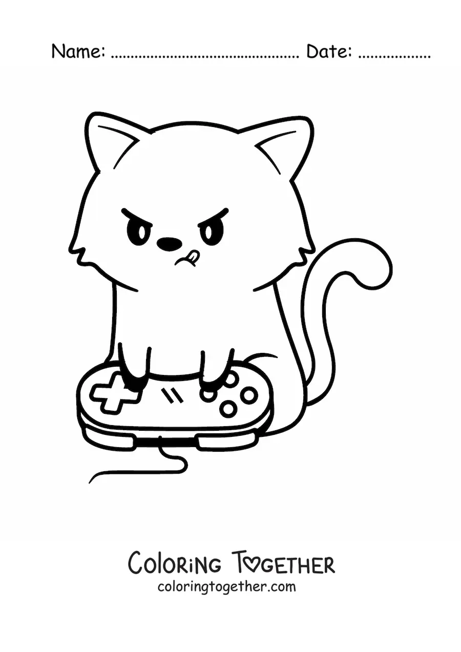 Coloring page of a kawaii cartoon cat playing video games