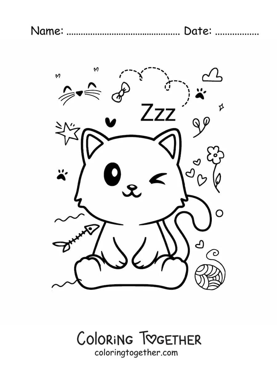 Coloring page of a kawaii cartoon cat sitting with a ball of yarn