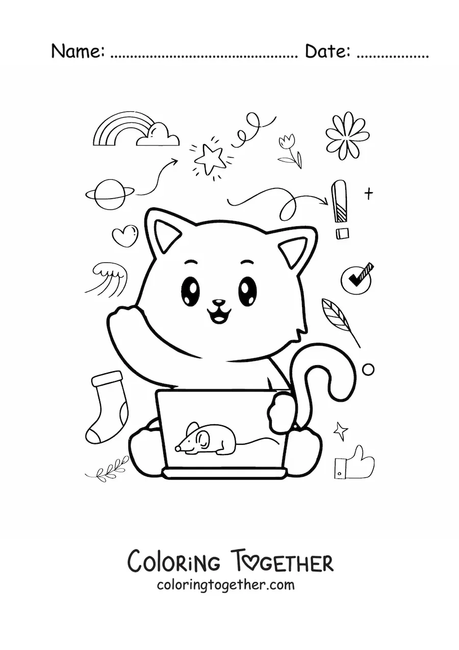 Coloring page of a kawaii cartoon cat using the computer