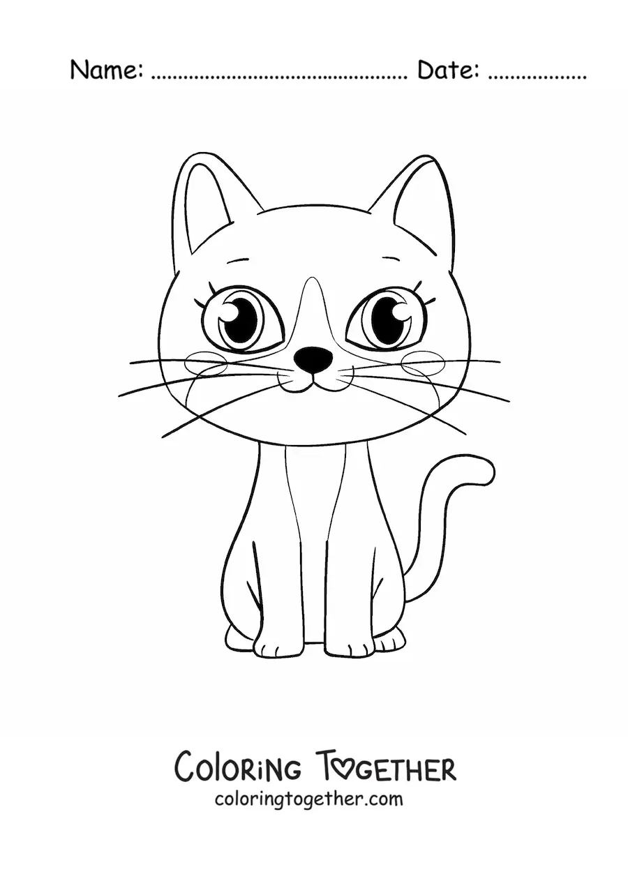 Coloring page of a kawaii cartoon cat sitting down