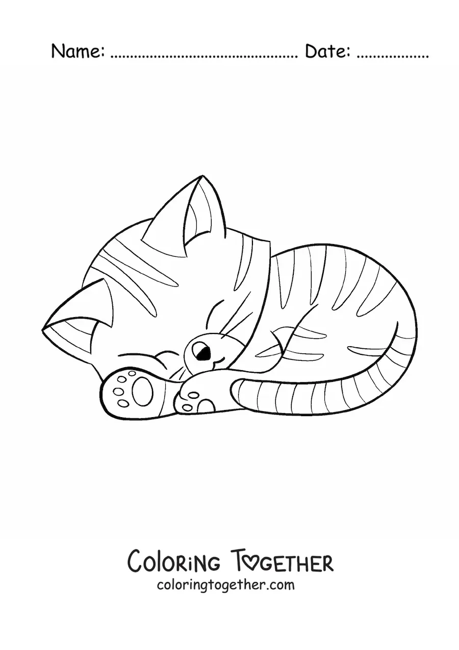 Coloring page of a striped kawaii cartoon cat sleeping