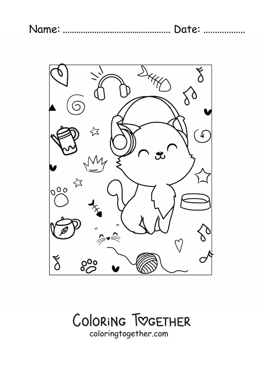 Coloring page of a kawaii cartoon cat sitting with headphones
