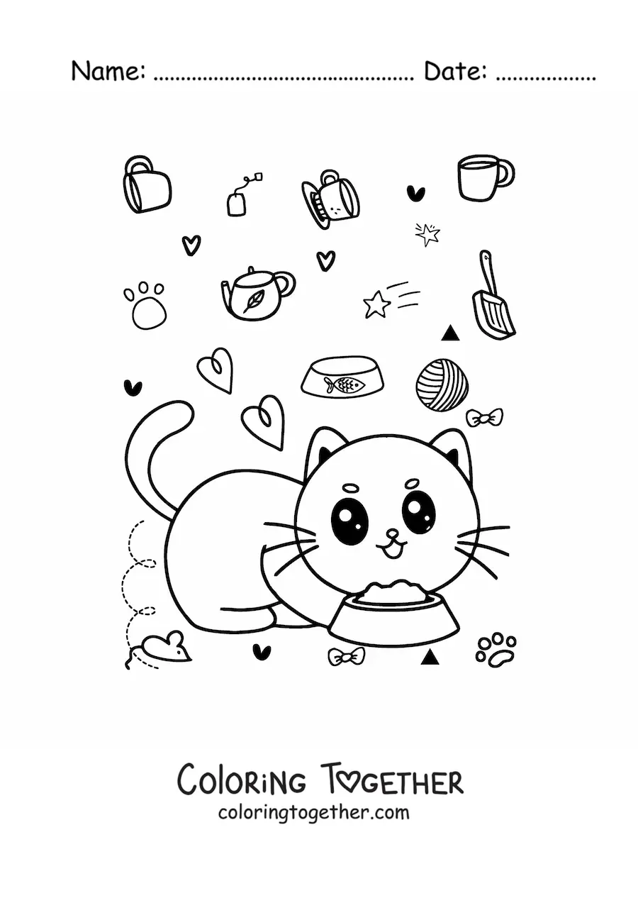 Coloring page of a kawaii cartoon cat eating from its bowl
