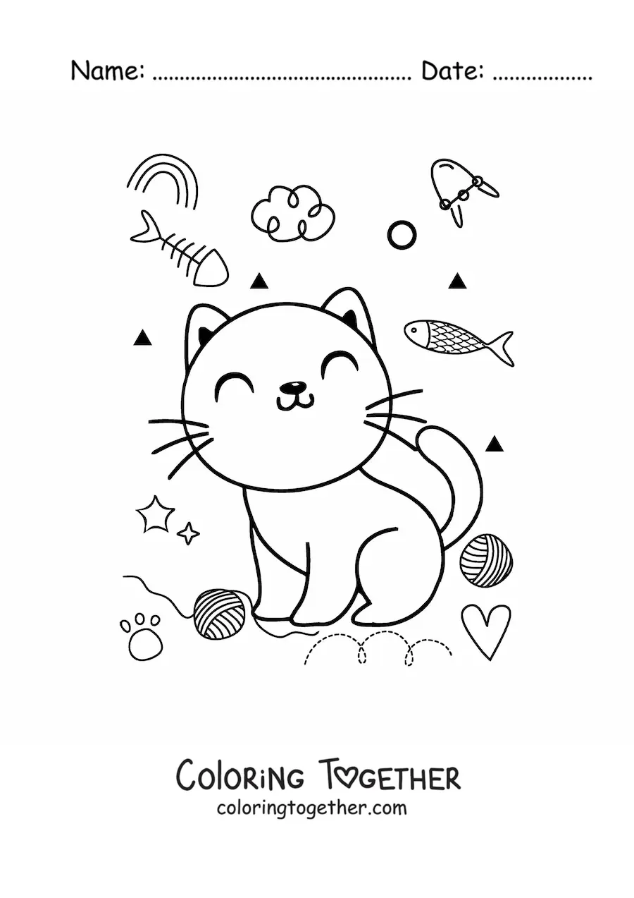 Coloring page of a happy kawaii cartoon cat