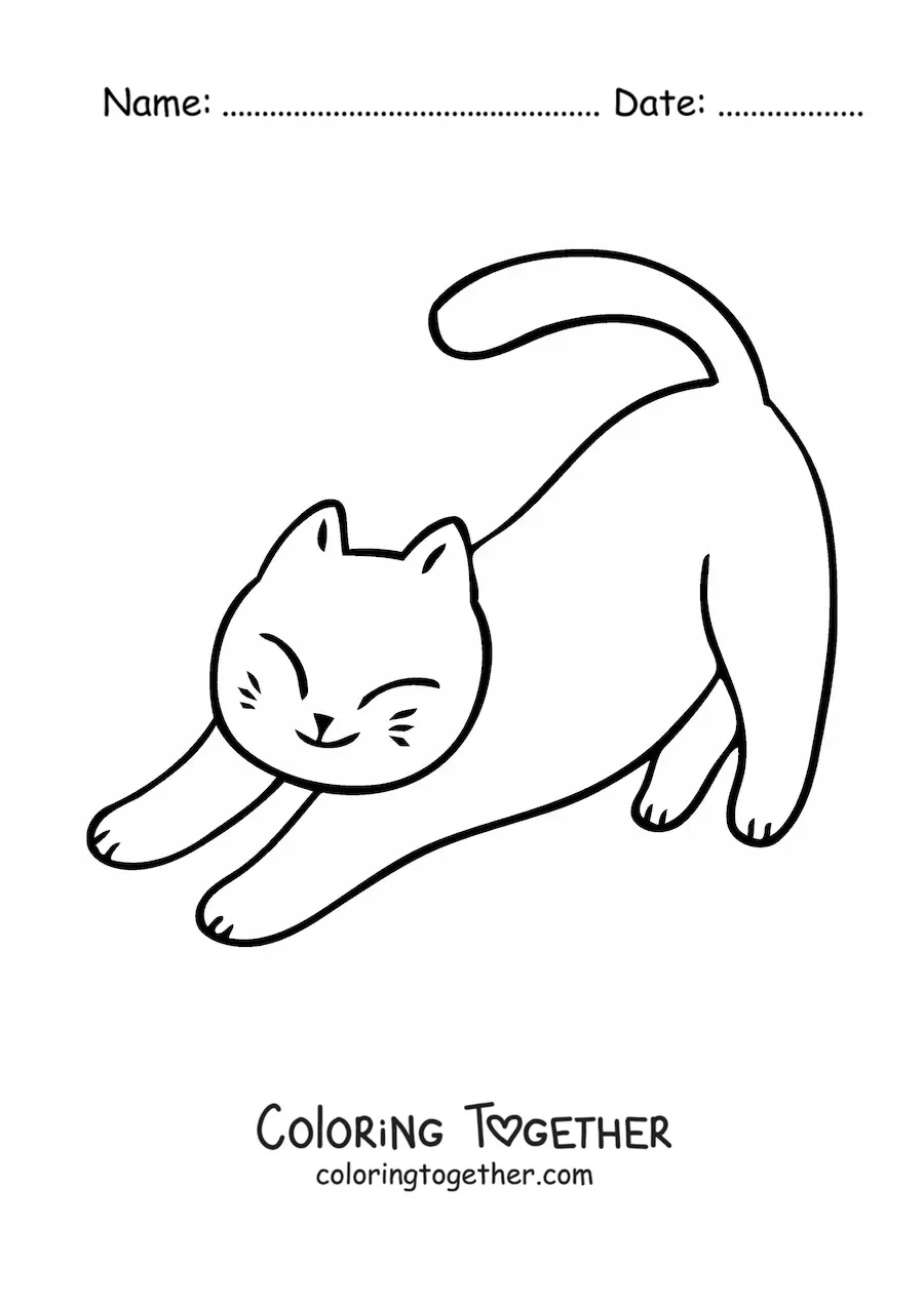 Coloring page of a kawaii kitten stretching