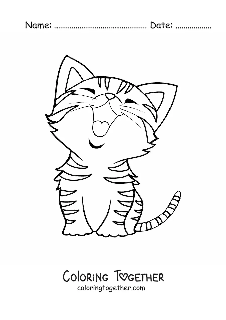 Coloring page of a striped kawaii kitten yawning