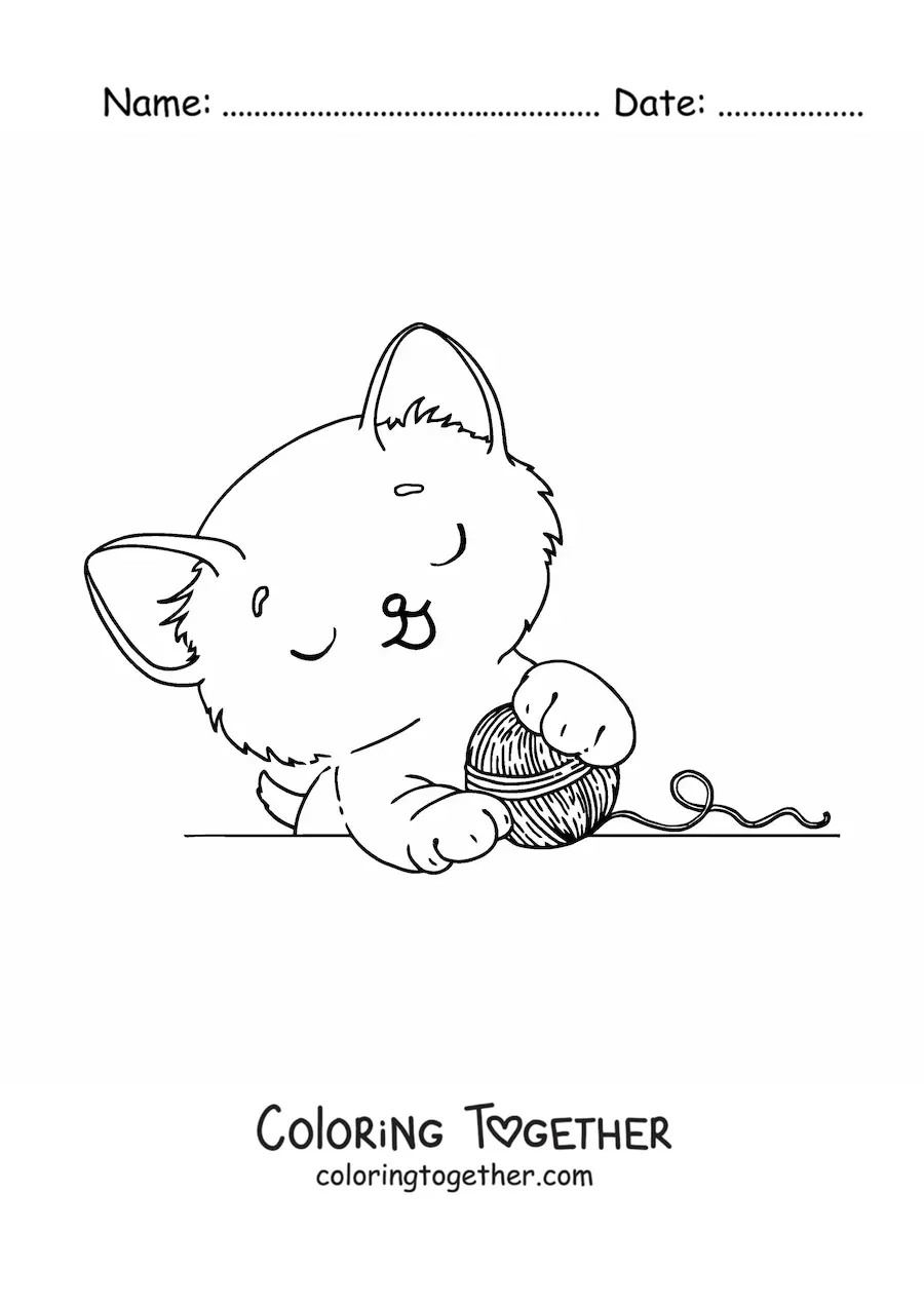 Coloring page of a kawaii kitten playing with yarn