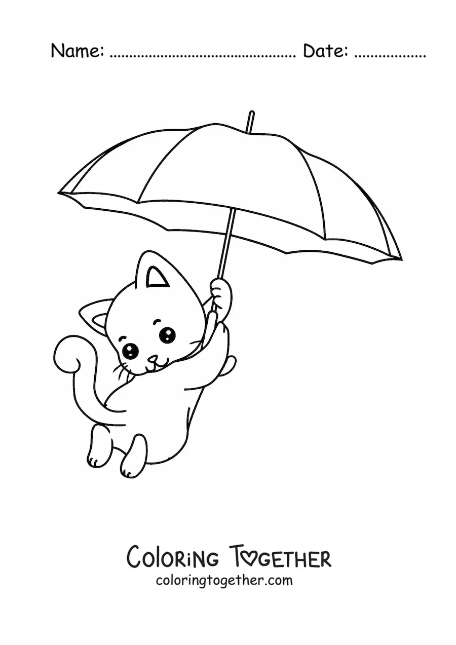 Coloring page of a kawaii kitten floating with an umbrella