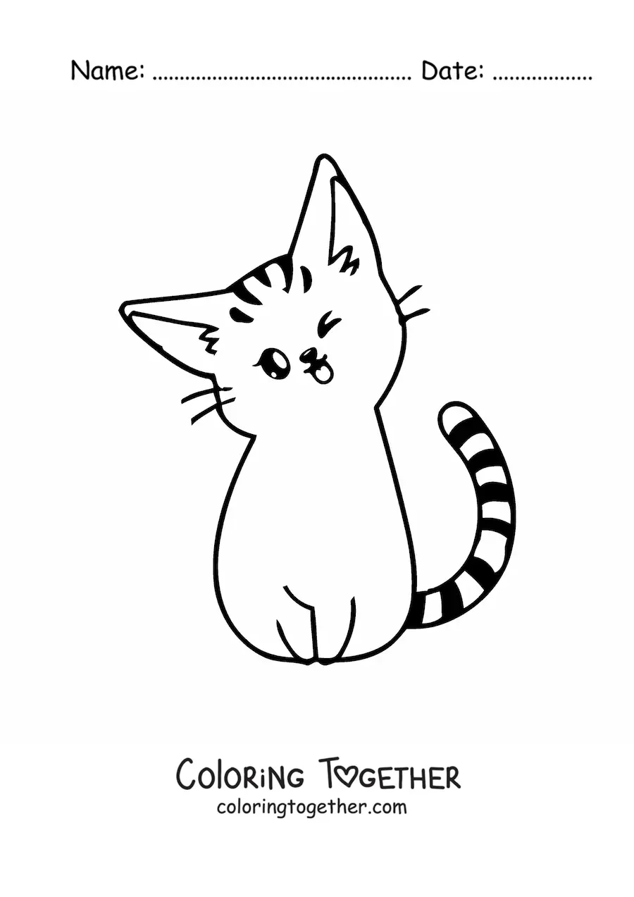 Coloring page of a striped kawaii kitten sitting down