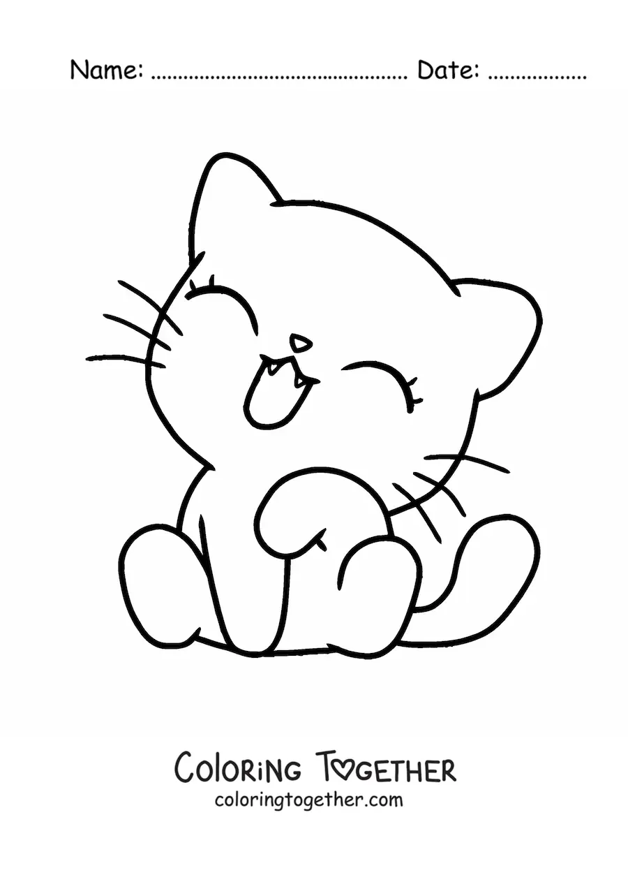 Coloring page of a kawaii kitten sitting down