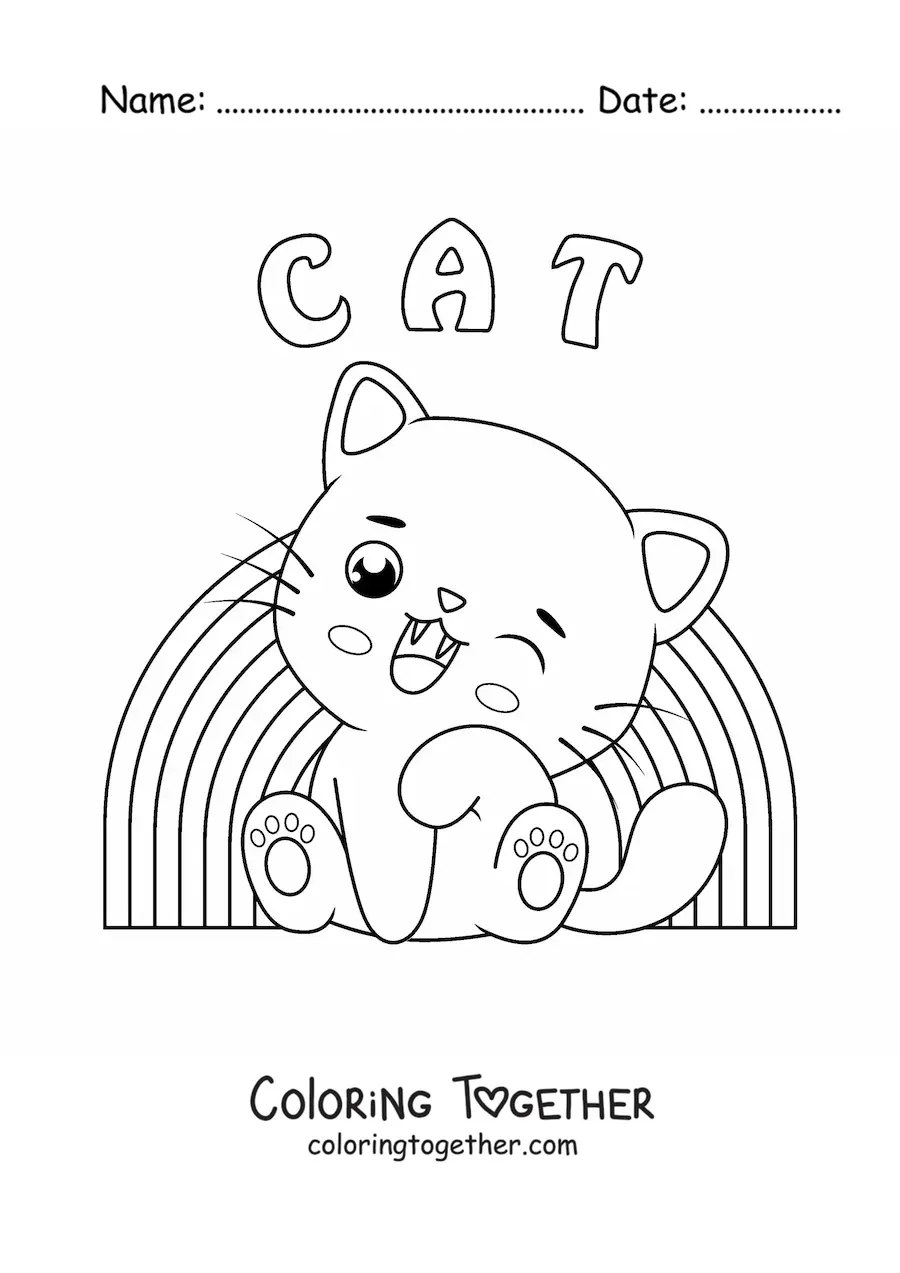 Coloring page of a kawaii kitten with a rainbow