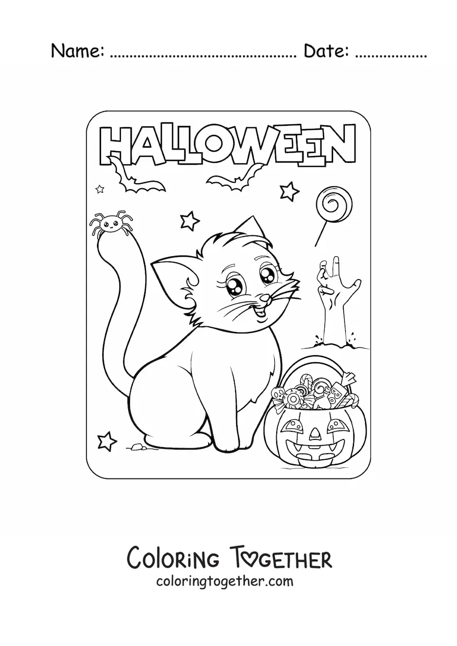 Coloring page of a kawaii kitten at Halloween with a pumpkin