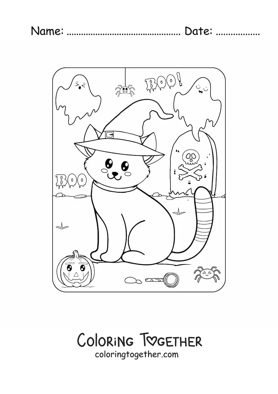 Coloring page of a kawaii kitten at Halloween with a witch hat