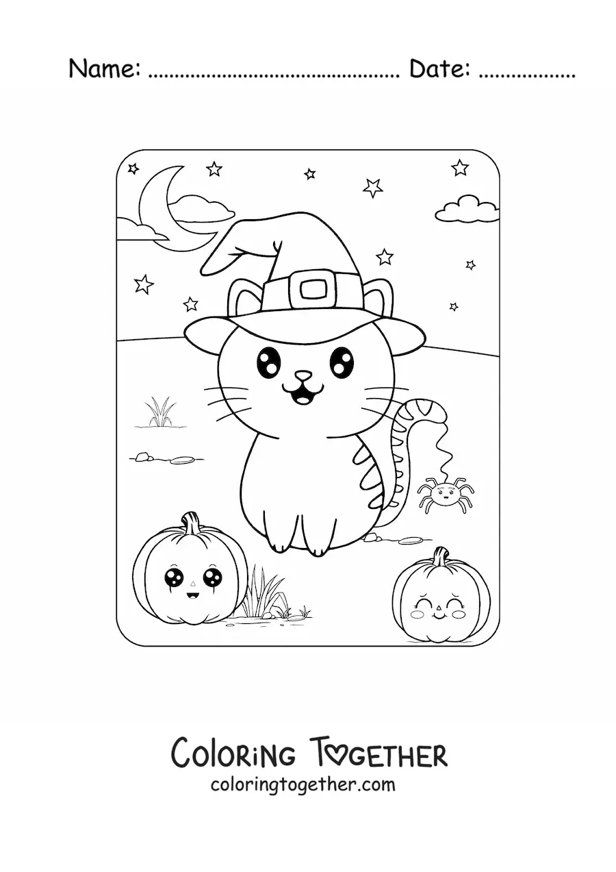 Coloring page of a kawaii kitten at Halloween with a witch hat and pumpkins