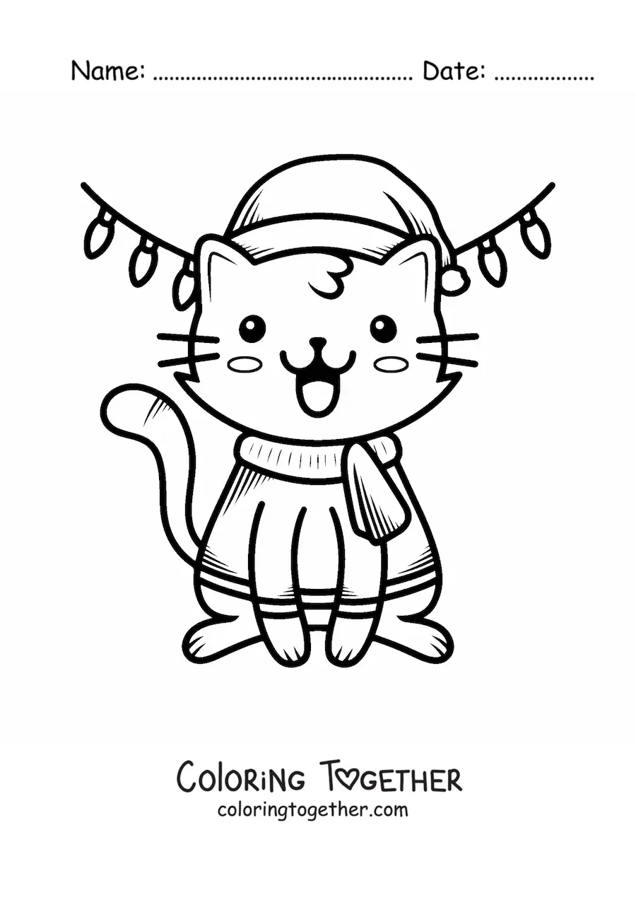 Coloring page of a kawaii kitten at Christmas in warm clothes