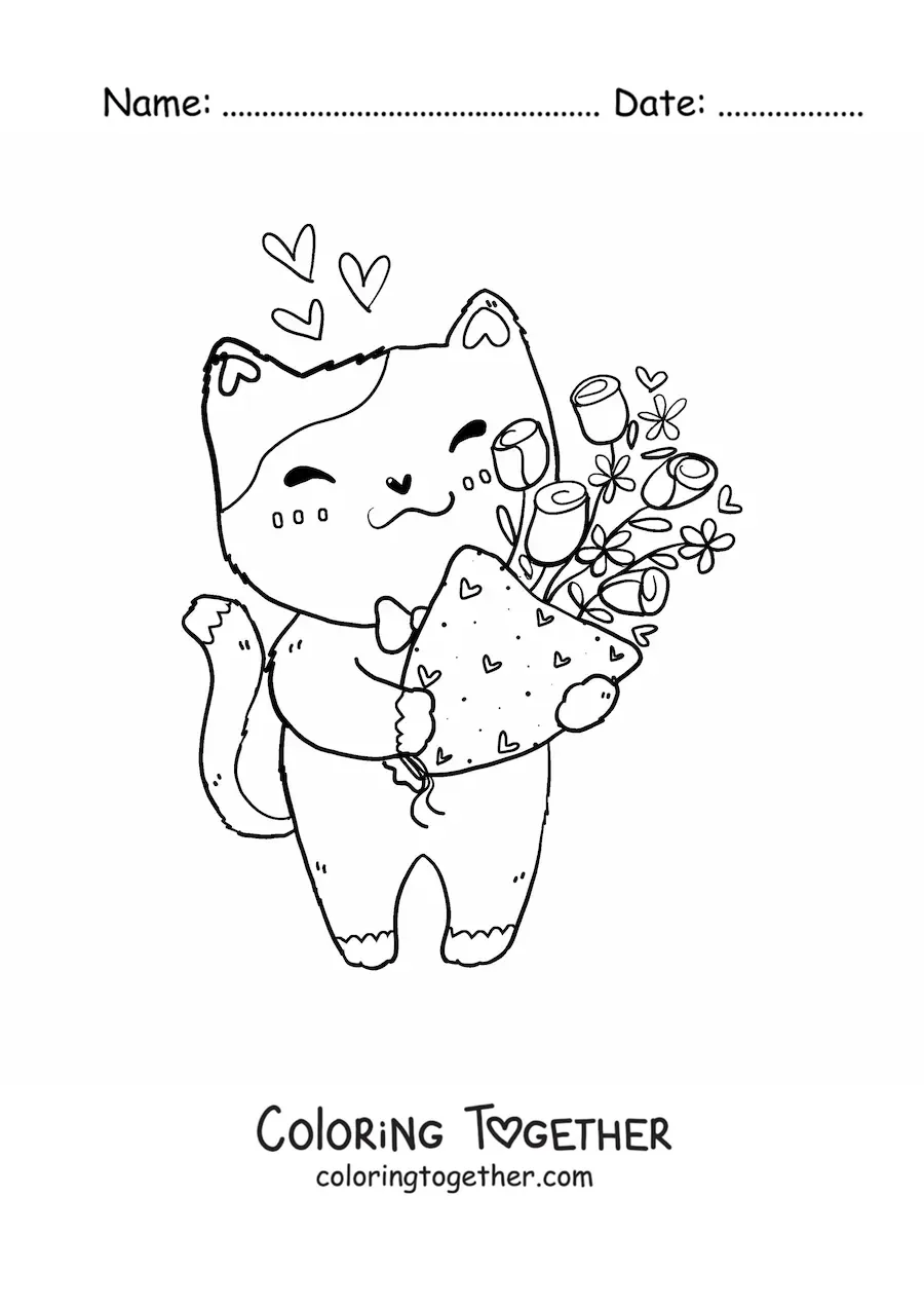 Coloring page of a kawaii kitten on Valentine's Day with a bouquet of flowers