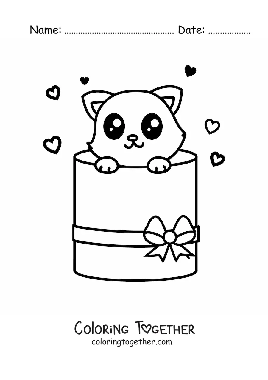 Coloring page of a kawaii kitten coming out of a gift box