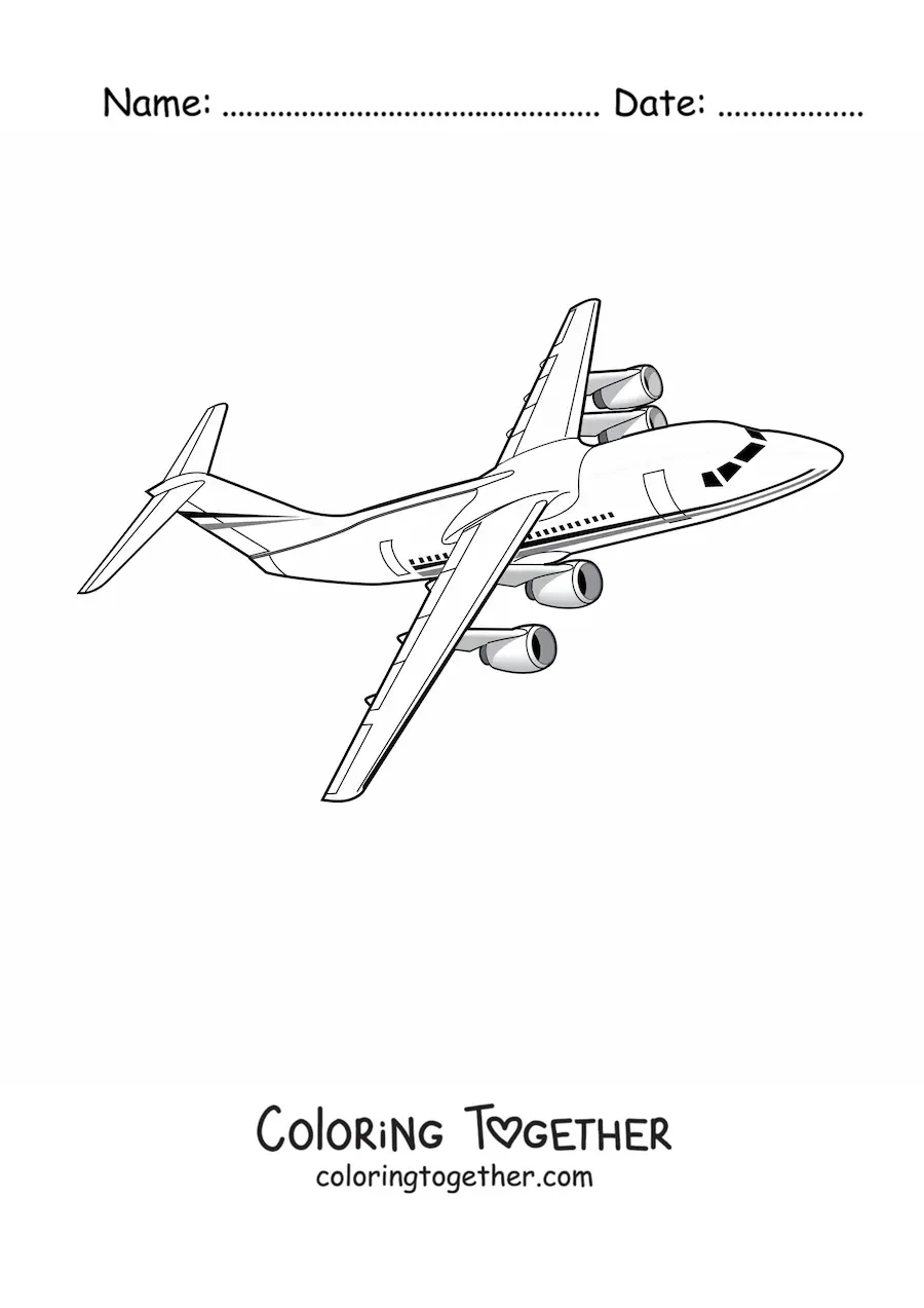 Coloring page of a commercial airplane flying sideways