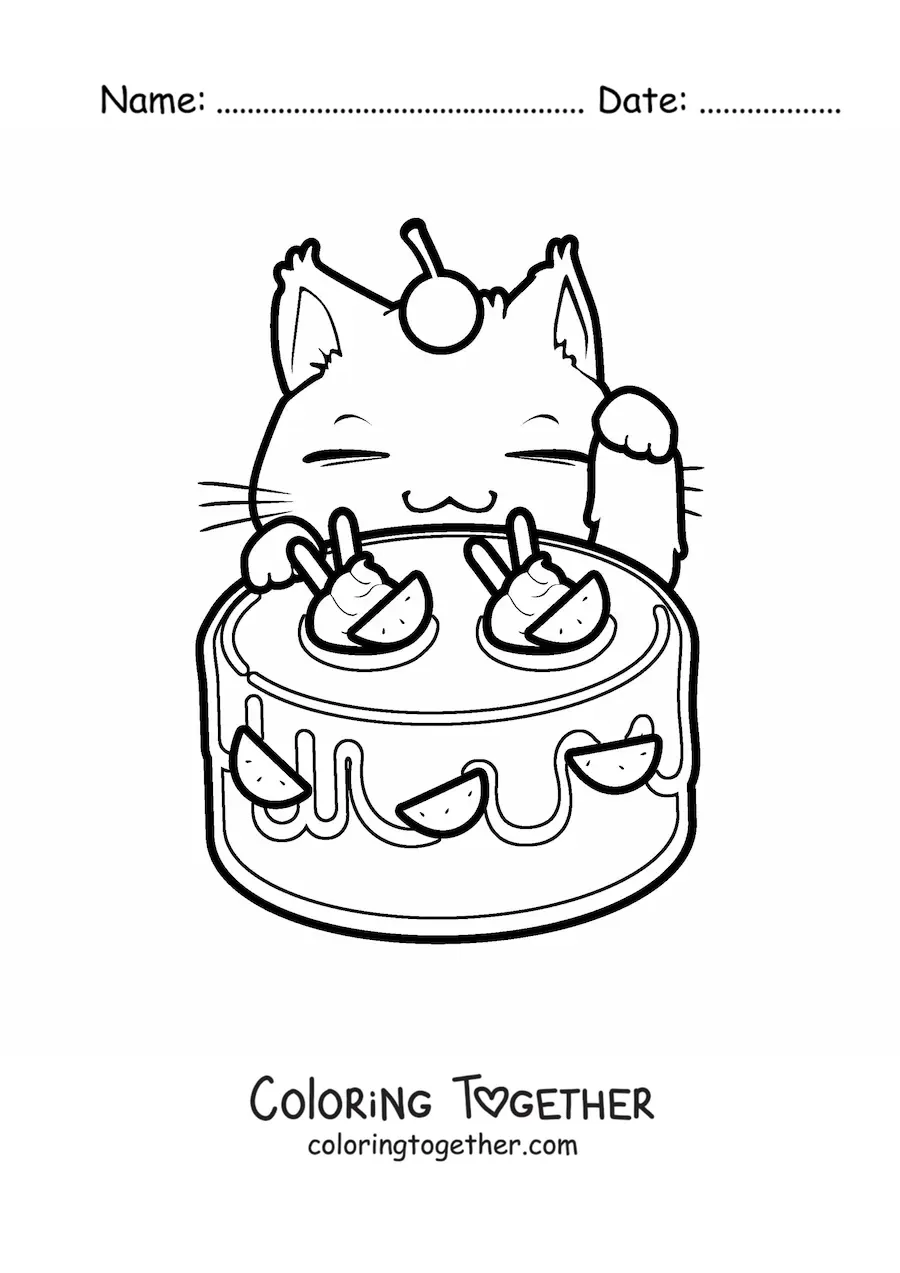 Coloring page of a kawaii cartoon kitten with a fruit cake