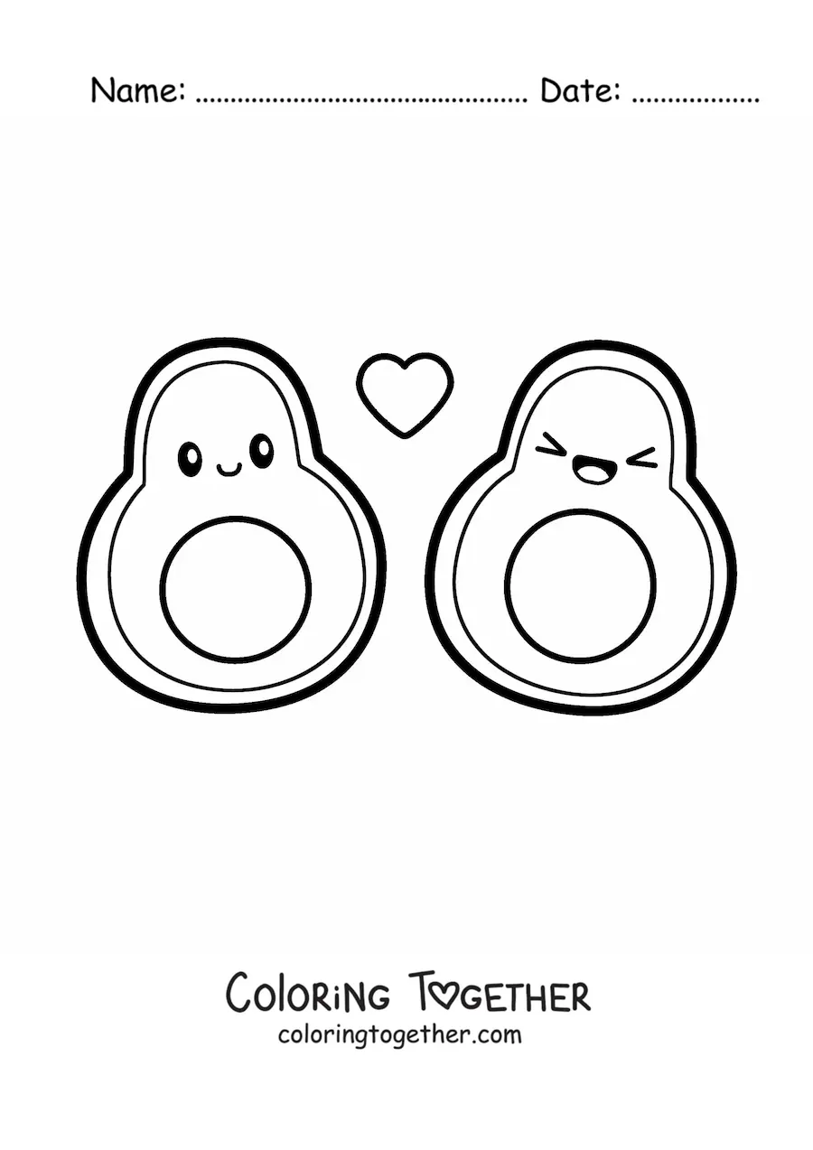 Coloring page of a pair of kawaii avocados