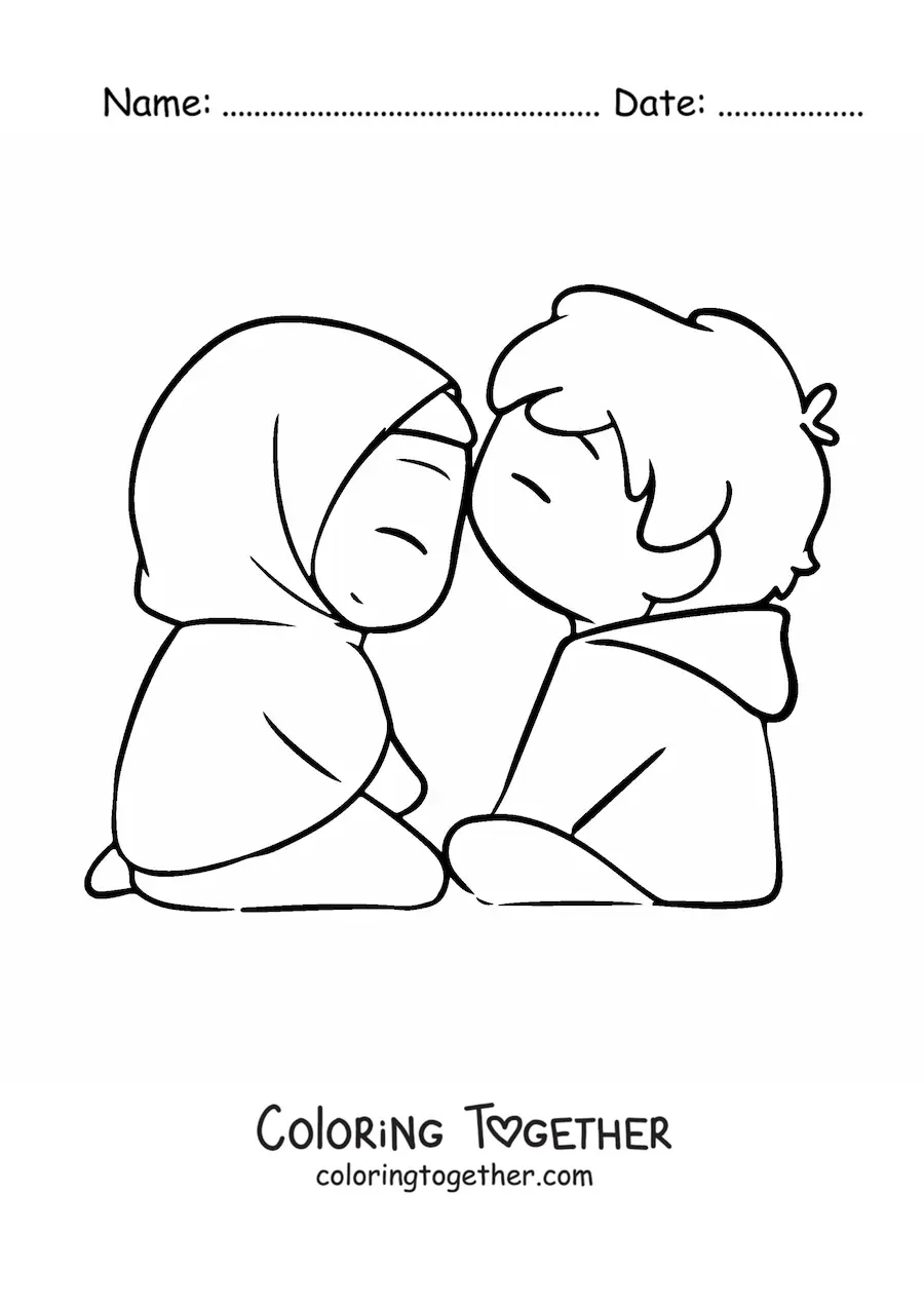 Coloring page of a kawaii couple with a girl wearing a hijab