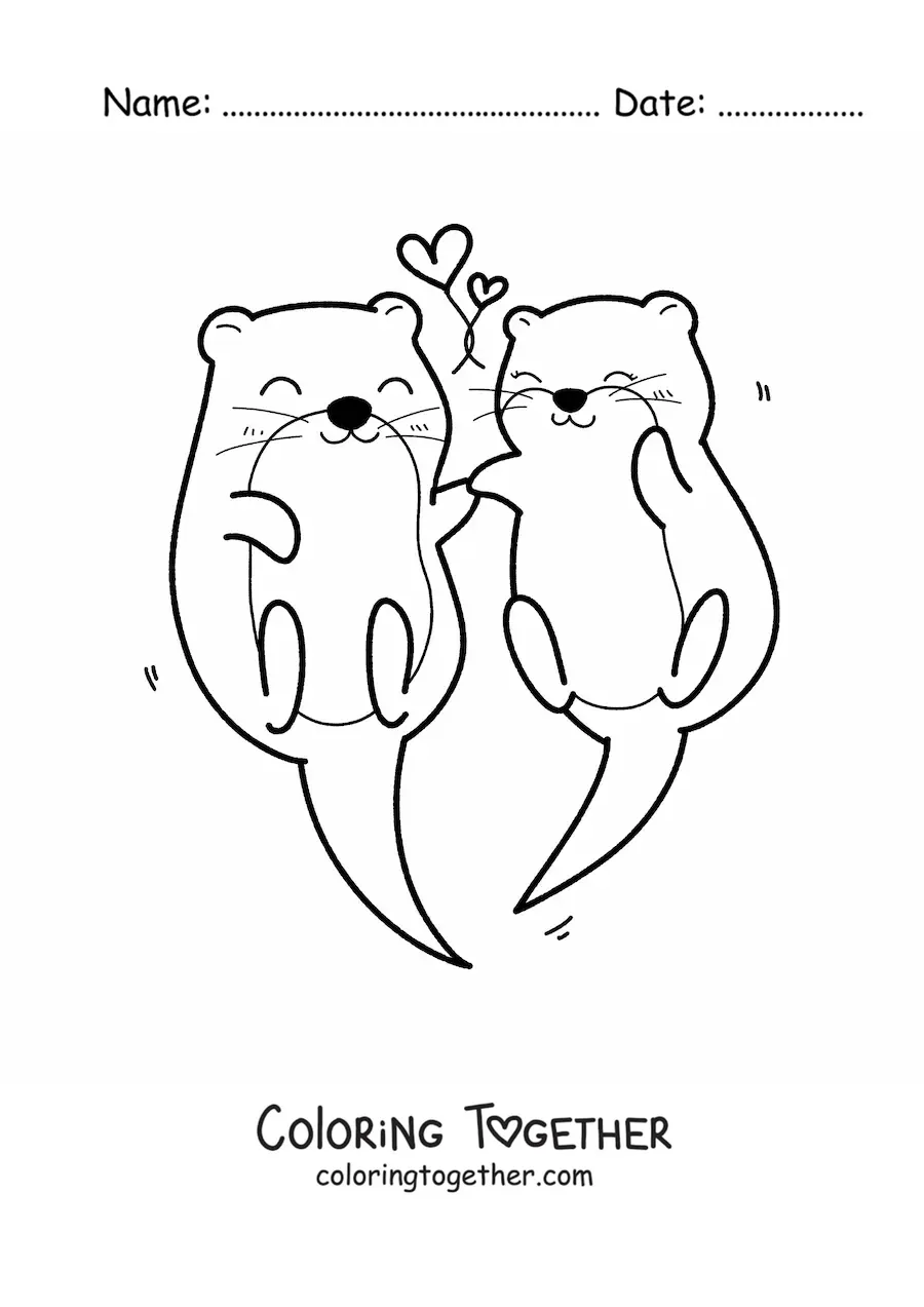 Coloring page of a pair of kawaii otters with hearts