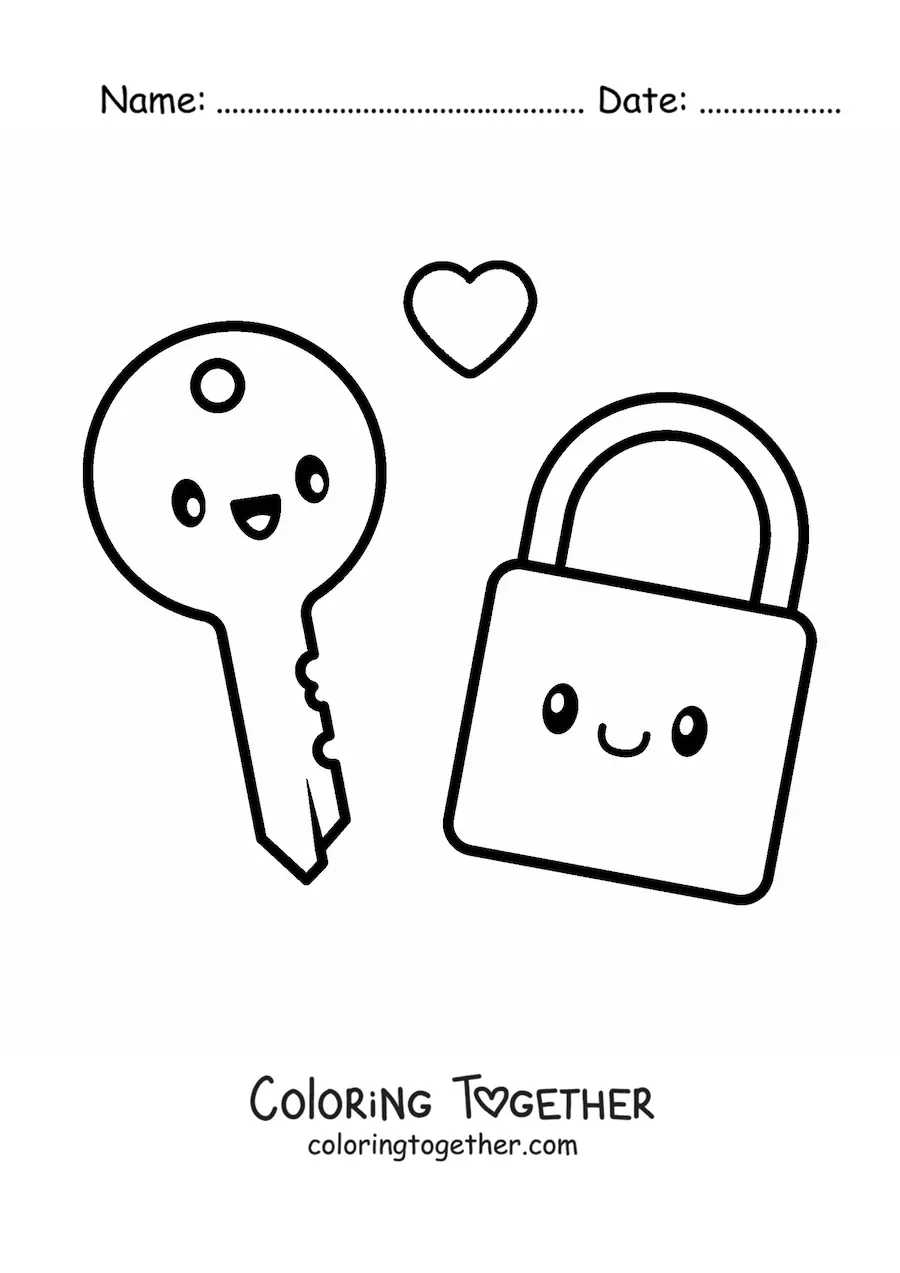 Coloring page of a kawaii key and padlock pair