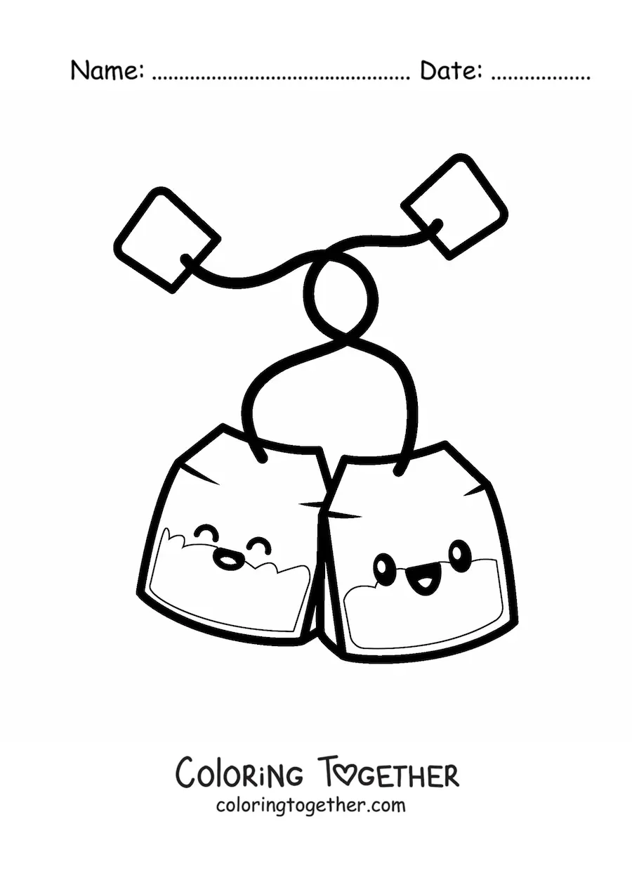 Coloring page of a pair of kawaii tea bags