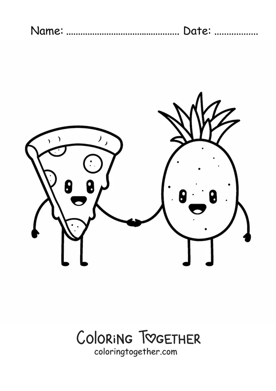 Coloring page of a kawaii pizza and pineapple pair