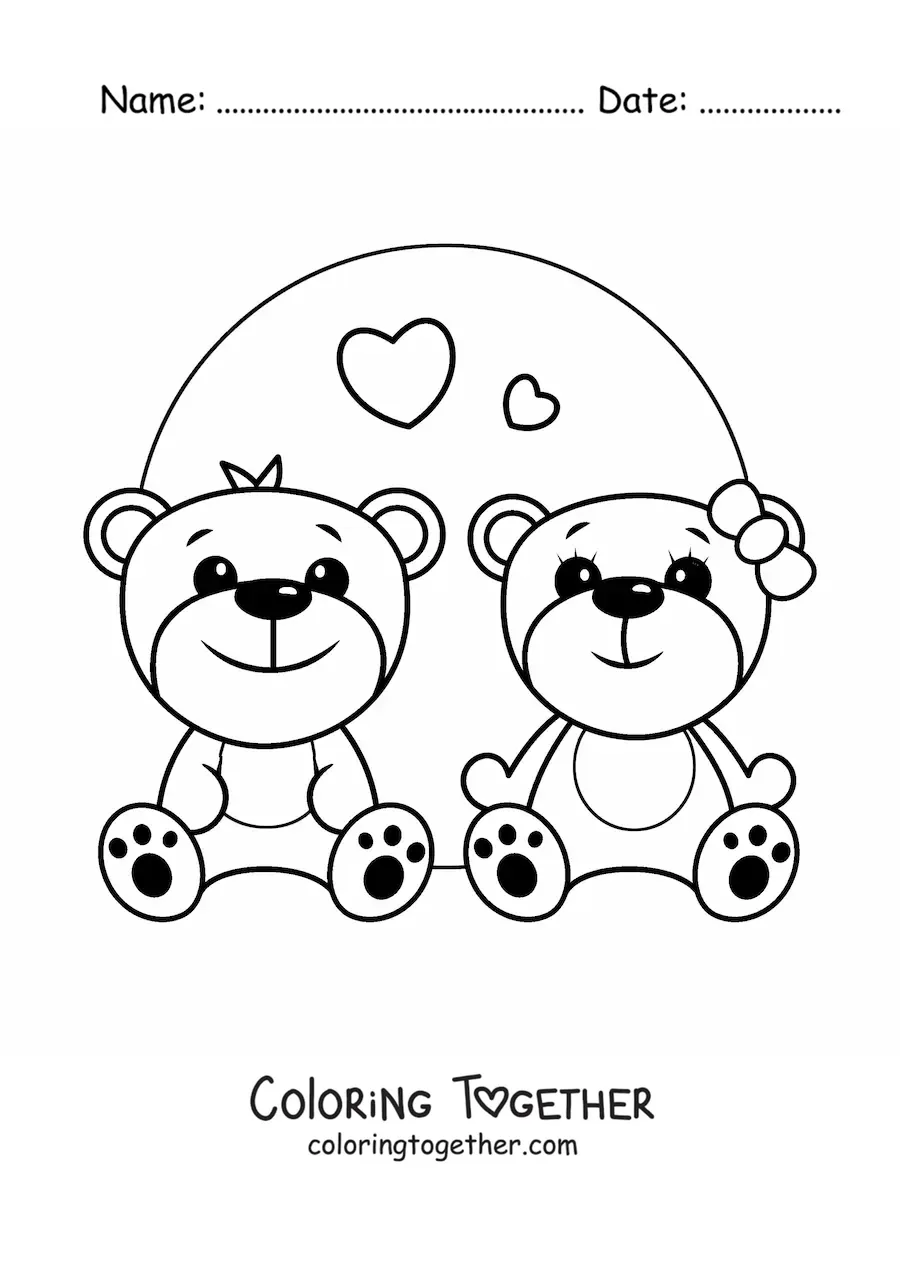 Coloring page of a pair of kawaii teddy bears with hearts