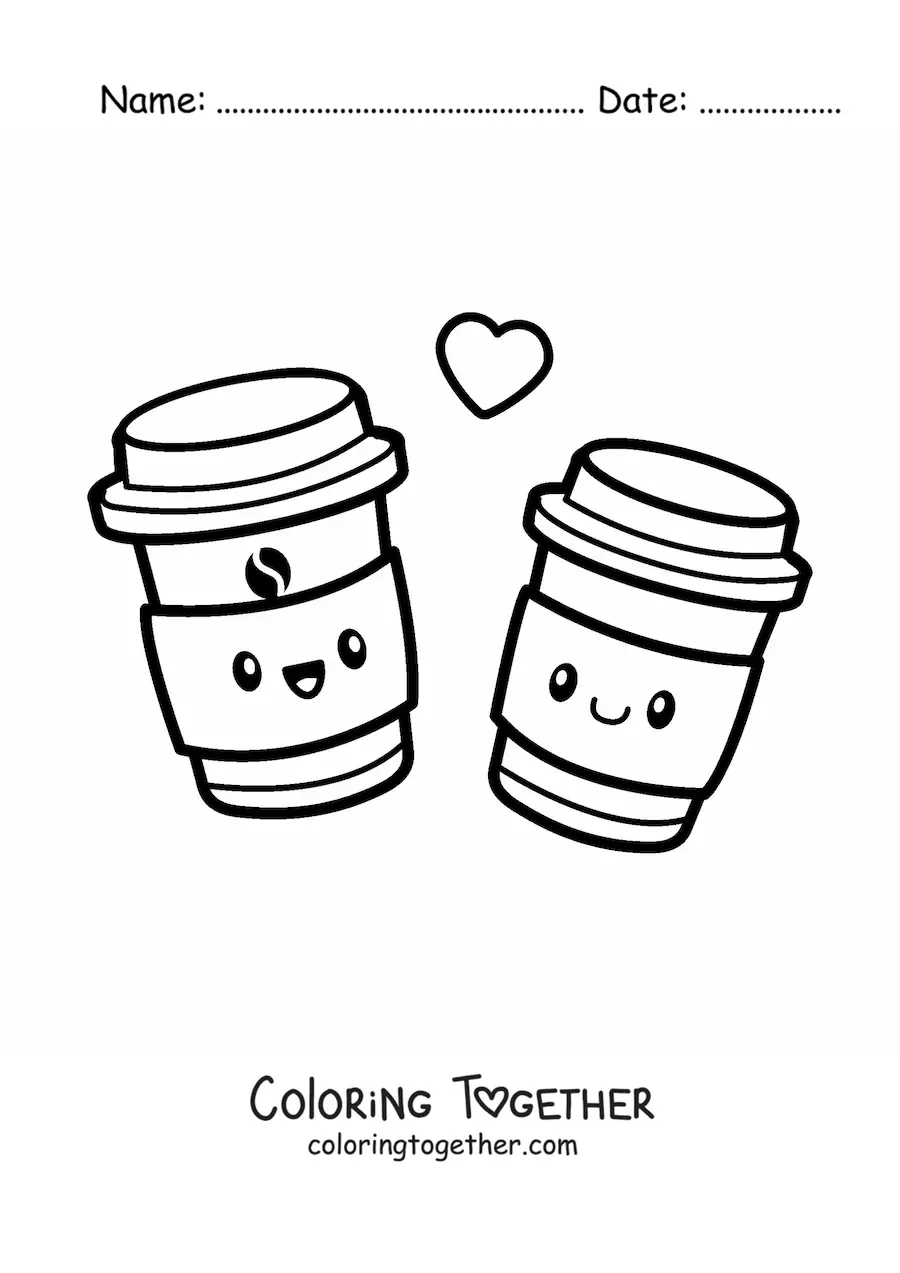 Coloring page of a pair of kawaii coffee cups
