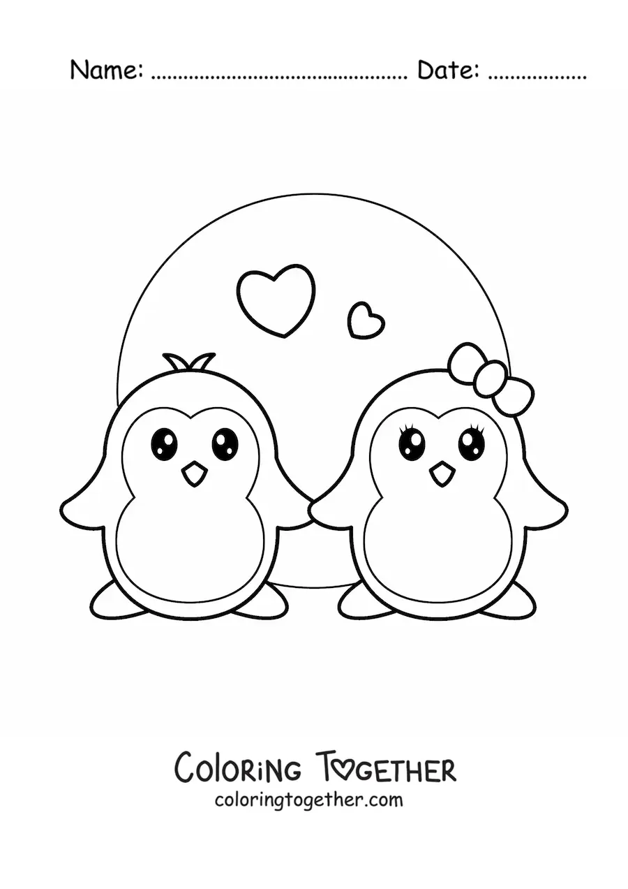 Coloring page of a pair of kawaii penguins