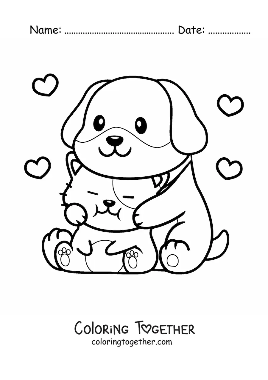 Coloring page of a puppy and a kitten in love