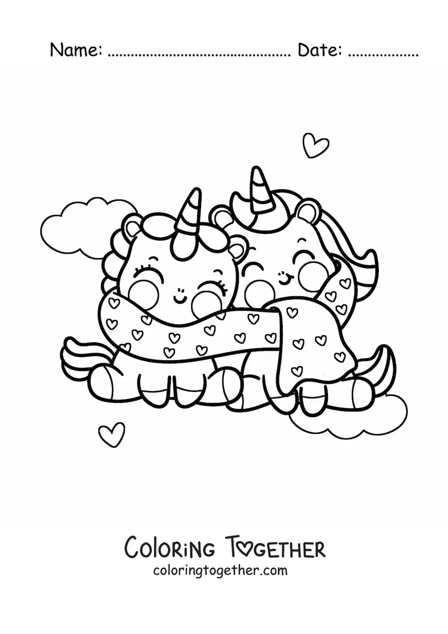 Coloring page of kawaii unicorns in love