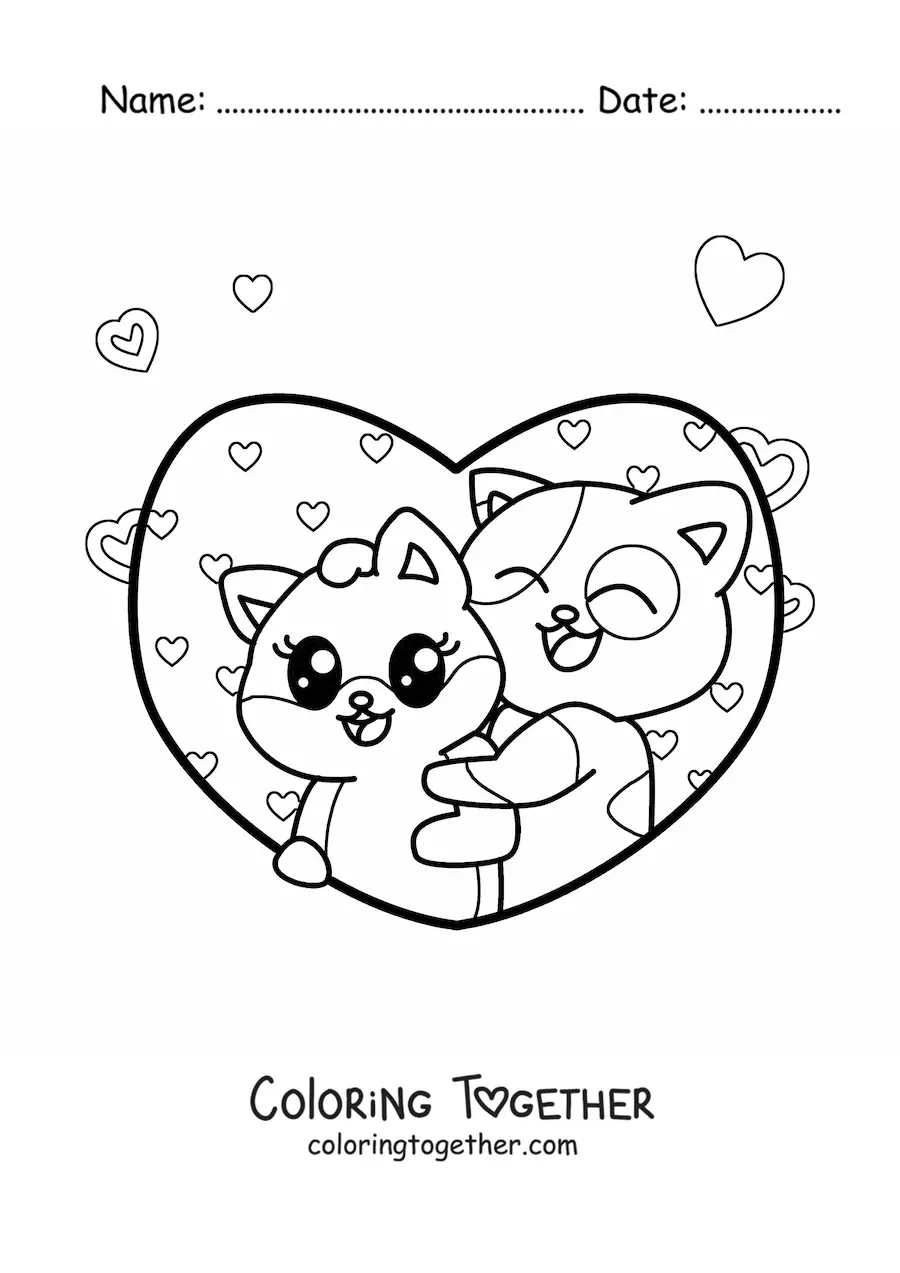 Coloring page of kawaii cats in love