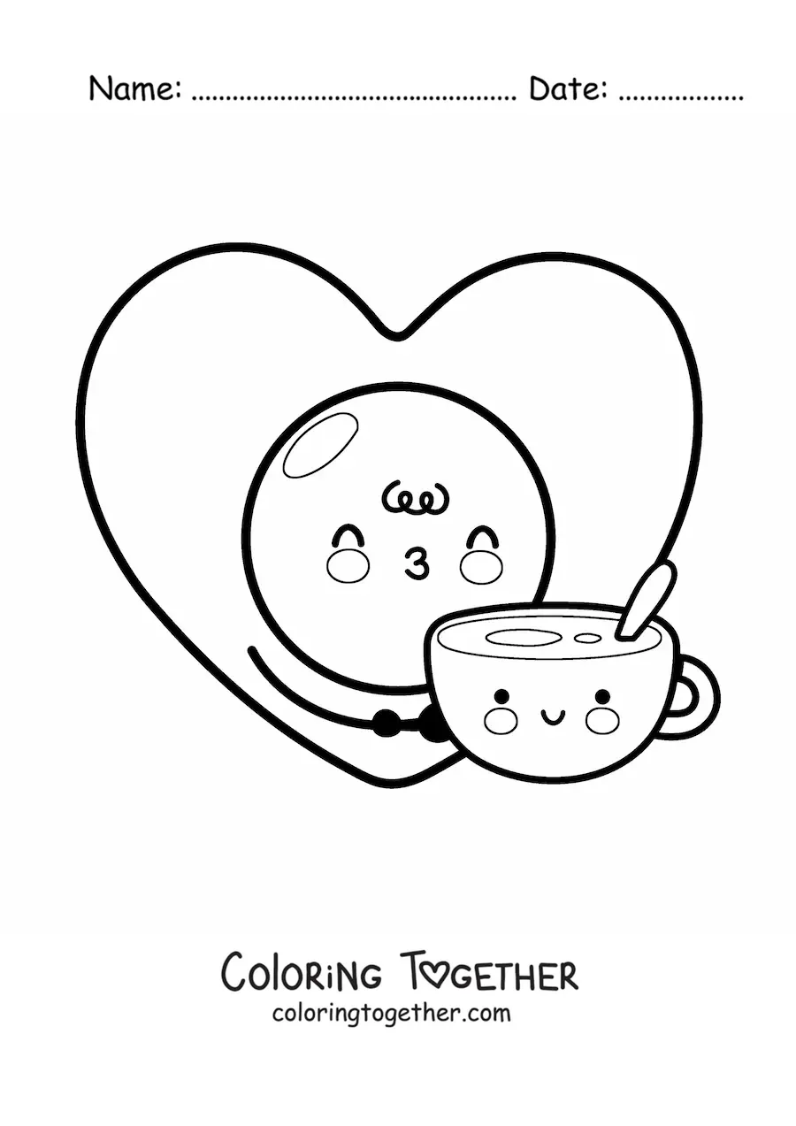 Coloring page of a fried egg and a coffee cup in love
